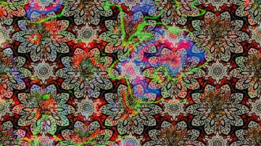 Çok renkli ve nötr küçük çiçekler ve gri ve nötr renklerdeki komik böcekler, raster desen, illüstrasyon.