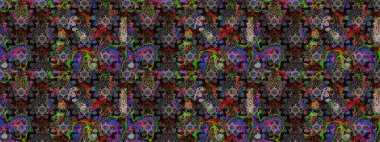 Renkli desenli eskiz deseni, siyah ve gri çiçekler ve dekoratif elementler. Eskiz geçmişi. Raster illüstrasyonu. Kumaş, tekstil, duvar kağıdı baskısı için. Antika retro tarzı.