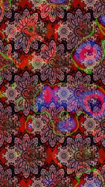 Suluboya elle çizilmiş çiçek desenli eskiz deseni. Parlak renkli fantezi çiçekleri, yapraklar, kahverengi ve siyah renkli tomurcuklar kahverengi ve siyah.