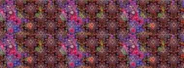 Çiçekli bahar çiçekleri. Küçük çiçekte güzel bir desen. Küçük renkli çiçekler. Moda baskıları için zarif bir şablon. Motley illüstrasyonu. Çizim.