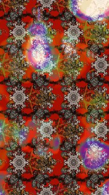 Raster illüstrasyonu. Kahverengi ve kırmızı renkte çiçekler. Tropikal çizim çiçek deseni.