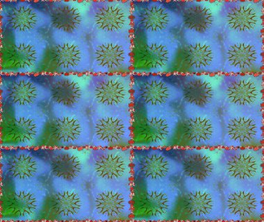 Raster illüstrasyonu. Mavi ve yeşil renklerde. 3D çiçekler, pürüzsüz.