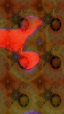 Çok kahverengi ve kırmızı zarif küçük çiçekler ve kahverengi ve kırmızı renkli komik böcekler, raster desen, illüstrasyon.