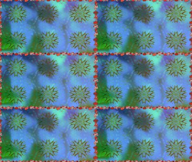 Raster illüstrasyonu. Mavi ve yeşil renklerde. 3D çiçekler, pürüzsüz.