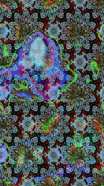 Modern çiçek arkaplanı. Halk tarzı. Moda baskıları için zarif bir şablon. Parlak renkli çiçekleri olan ve mavi ve siyah renkli yaprakları olan inanılmaz bir çiçek deseni..