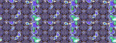 Parlak renkli çiçekleri ve mor ve mavi renkli yaprakları olan harika bir çiçek deseni. Moda baskıları için zarif bir şablon. Modern çiçek arkaplanı. Halk stili.