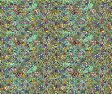 Millefleur 'lar. Oldukça eski bir besin torbası deseni. Küçük yeşil, nötr, çiçekler. Tekstil, kumaş, kapaklar, duvar kağıtları, baskı, naylon, yapıştırma, örgü, dekupaj için çiçeksiz arkaplan