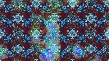 Patlayan çiçekler soyut olarak yerleştirilmiş. Raster deseni. Raster illüstrasyonu. Yumuşak, bahar çiçekleri mavi ve kırmızı renklerde.