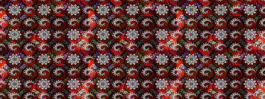 Çiçek desenli çizim. Raster illüstrasyonu. Asya tekstil tarzında. Kırmızı ve siyah renkte çiçekler. Renkli Bahar Teması eskiz kalıbı. Düz Çiçek Elementleri Tasarımı.