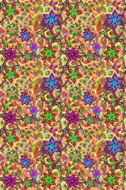 Renkli Yaz Temalı Kusursuz Arkaplan. Güzel, pürüzsüz bir desen. Düz Çiçek Elementleri Tasarımı. Raster çiçekli arka plan. Yazdır. Şirin kumaş deseni.