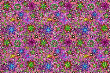 Renkli Yaz Temalı Kusursuz Arkaplan. Raster çiçekli arka plan. Yazdır. Güzel, pürüzsüz bir desen. Düz Çiçek Elementleri Tasarımı. Şirin kumaş deseni.