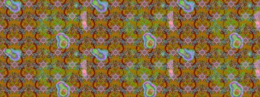 Renkli desenli eskiz deseni, kahverengi ve yeşil çiçekler ve dekoratif elementler. Eskiz geçmişi. Raster illüstrasyonu. Kumaş, tekstil, duvar kağıdı baskısı için. Antika retro tarzı.