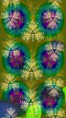 Renkli desenli eskiz deseni, yeşil çiçekler ve dekoratif elementlerle. Kumaş, tekstil, duvar kağıdı baskısı için. Eski usul. Raster illüstrasyonu. Taslak arkaplan.