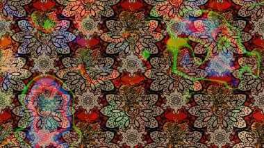 Raster illüstrasyonu. Hint süsü. Renkli süs kenarı. Kahverengi ve bej renklerde. Çizim kalıbı. Çiçek duvar kağıdı.