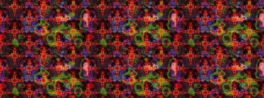 Çiçek desenli çizim. Asya tekstil tarzında. Raster illüstrasyonu. Siyah ve kahverengi renkte çiçekler. Raster illüstrasyonu.