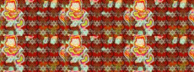 Çiçek süslemeli çizim deseni. Raster illüstrasyonu. Kahverengi ve kırmızı renkte çiçekler.