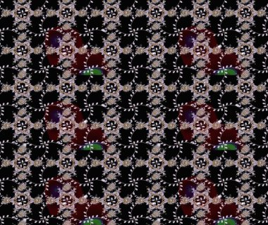 Patlayan çiçekler soyut olarak yerleştirilmiş. Raster deseni. Siyah, nötr ve kahverengi renklerde bahar çiçekleri. Raster illüstrasyonu.