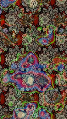 Çok renkli ve kahverengi zarif küçük çiçekler ve gri ve kahverengi renkli komik böcekler, raster deseni, illüstrasyon.