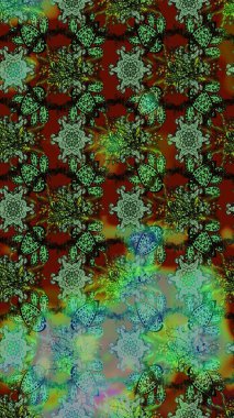 Soyut etnik raster çizim kalıbı. Çiçekler. Vadinin çiçekleri yeşil ve kahverengi renklerde.