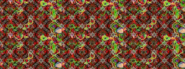 Çok kahverengi ve kırmızı zarif küçük çiçekler ve kahverengi ve kırmızı renkli komik böcekler, raster desen, illüstrasyon.