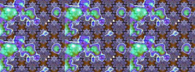 Mor ve mavi zarif küçük çiçekler ve menekşe ve mavi renklerdeki komik böcekler, raster desen, illüstrasyon.