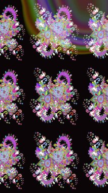 Raster illüstrasyonu. Şirin çiçekli eskiz deseni ve siyah renkli yapraklar, suluboya çiçek deseni, duvar kağıdı, kart veya kumaş için fayanslı.