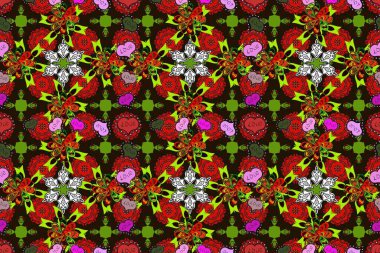 Renkli Yaz Temalı Kusursuz Arkaplan. Güzel kumaş deseni. Düz Çiçek Elementleri Tasarımı. Güzel, pürüzsüz bir desen. Yazdır. Raster çiçekli arka plan.