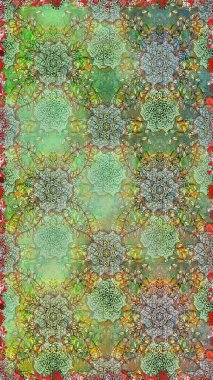 Ağaç dallı bahar çiçekleri ile desen, nötr ve yeşil renkler ile çiçek silueti. Raster deseni.