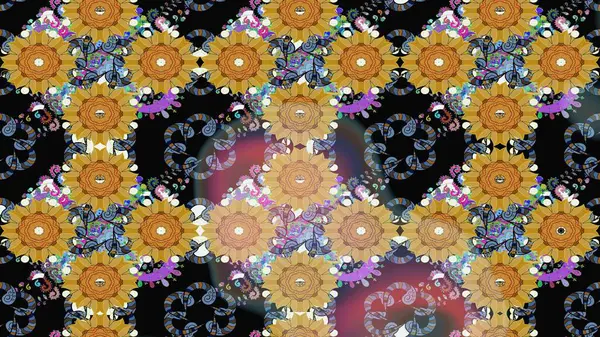 Siyah renkler ve parlak çiçekler üzerine soyut çizim deseni. Küçük çiçekte hoş bir çiçek deseni var. Çiçek elementli zarif raster dokusu..