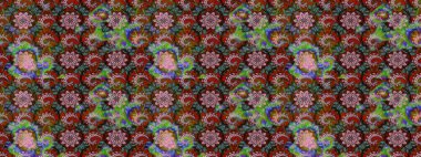 Çiçek deseni. Kahverengi ve yeşil renkte çiçek çizimi. Şatafatlı bahar bahçesi dokusu. Raster illüstrasyonu. Kahverengi ve yeşil renkte çiçekler.