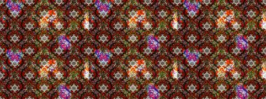 Şirin çiçekli eskiz deseni ve kahverengi ve kırmızı renklerde yapraklar, suluboya çiçek deseni, duvar kağıdı, kart ya da kumaş için fayanslı. Raster illüstrasyonu.