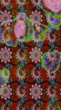 Raster illüstrasyonu. Kahverengi ve yeşil renkli çiçekler. Çiçek desenli çizim. Asya tekstil tarzında. Düz Çiçek Elementleri Tasarımı. Renkli Bahar Teması çizim şablonu.