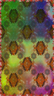 Yeşil ve kahverengi renkli güzel tekstil. Raster illüstrasyonu. Çiçeklerle suluboya desenleri.