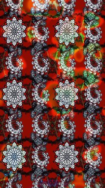 Kırmızı ve siyah renklerde Asya tekstili. Çiçek desenli çizim. Raster illüstrasyonu.