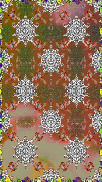 Kahverengi ve gri renkli Asya tekstili. Çiçeklerle suluboya desenli çiçek deseni. Raster illüstrasyonu.