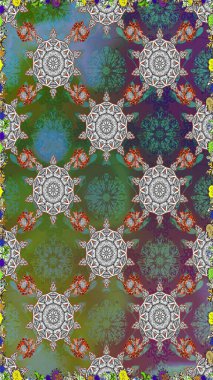 Yeşil ve gri renklerde. Raster illüstrasyonu. Çiçek. Kusursuz dekoratif arka plan, çiçek mandala.