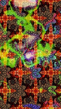 Çiçek duvar kağıdı. Raster illüstrasyonu. Siyah ve kahverengi renklerde. Renkli süs kenarı. Hint süsü. Çizim deseni.