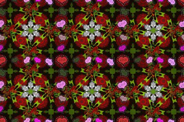 Renkli Yaz Temalı Kusursuz Arkaplan. Güzel, pürüzsüz bir desen. Düz Çiçek Elementleri Tasarımı. Güzel kumaş deseni. Raster çiçekli arka plan. Yazdır.