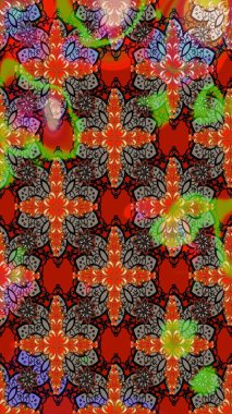 Soyut etnik raster çizim kalıbı. Arkaplan dokusu, duvar kağıdı, kırmızı ve kahverengi renkli çiçek teması. Kabile sanatı boho baskısı, klasik çiçek arkaplanı.