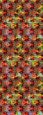 Küçük çiçekteki sevimli çiçek deseni. Renkli ve siyah raster çizimi. Birçok kırmızı ve siyah soyut çiçekli tropikal çizim deseni.