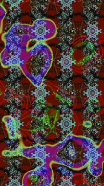 Üzerinde gelincikler ve vadi zambakları olan renkli çiçek desenli nakış deseni. Tekstil tasarımı için kırmızı ve kahverengi renkte geleneksel Raster çiçek buketi.