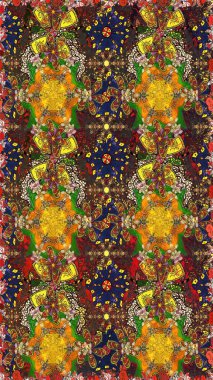 Kahverengi ve sarı renkli güzel bir tekstil. Raster illüstrasyonu. Çiçeklerle suluboya desenleri.