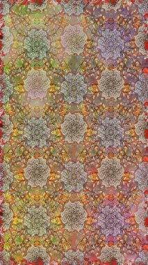 Eski usul. Kusursuz bir geçmişi var. Kumaş, tekstil, duvar kağıdı baskısı için. Raster illüstrasyonu. Renkli desenli, kahverengi ve bej çiçekli ve dekoratif elementli kusursuz desen..