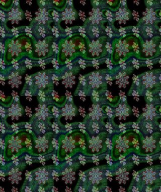 Nakış desenli çiçek deseni. Renkli grunge, koyu yeşil ve gri çiçeklerle soyut bir arka plan oluşturur. İzler, kumaş, duvar kağıtları, tekstil için raster dokusu.