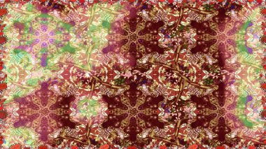 Kahverengi ve bej renklerde altın elementlerle kusursuz desen. Hassas altın desen. Parlak dantel, stilize çiçekler, şal desenli. Kusursuz altın desenli bukleler. Doğu tarzı arabesk. Raster..