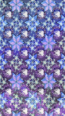 Çiçeksiz desenli, suluboya elle çizilmiş elementler. Parlak renkli fantezi çiçekleri, yapraklar, mavi ve mor renkli tomurcuklar.