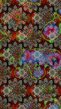 Renkli Bahar Teması eskiz kalıbı. Raster illüstrasyonu. Düz Çiçek Elementleri Tasarımı. Asya tekstil tarzında. Gri ve kahverengi renkli çiçekler. Çiçek desenini çiz.