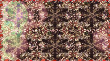 Raster illüstrasyonu. Kahverengi ve bej renklerde altın. Dekoratif simetri arabesk. Kusursuz ortaçağ çiçek deseni. Doğum günü, davetiye ya da afiş için tebrik kartı.