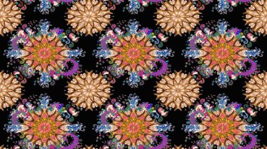 Küçük çiçekteki sevimli çiçek deseni. Varicoloblack ve kahverengi raster pürüzsüz illüstrasyon. Birçok siyah ve kahverengi soyut çiçekli tropik, pürüzsüz bir desen..