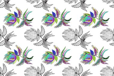 Düz Çiçek Elementleri Tasarımı. Raster çiçekli arka plan. Renkli Yaz Temalı Kusursuz Arkaplan. Güzel, pürüzsüz bir desen. Yazdır. Şirin kumaş deseni.